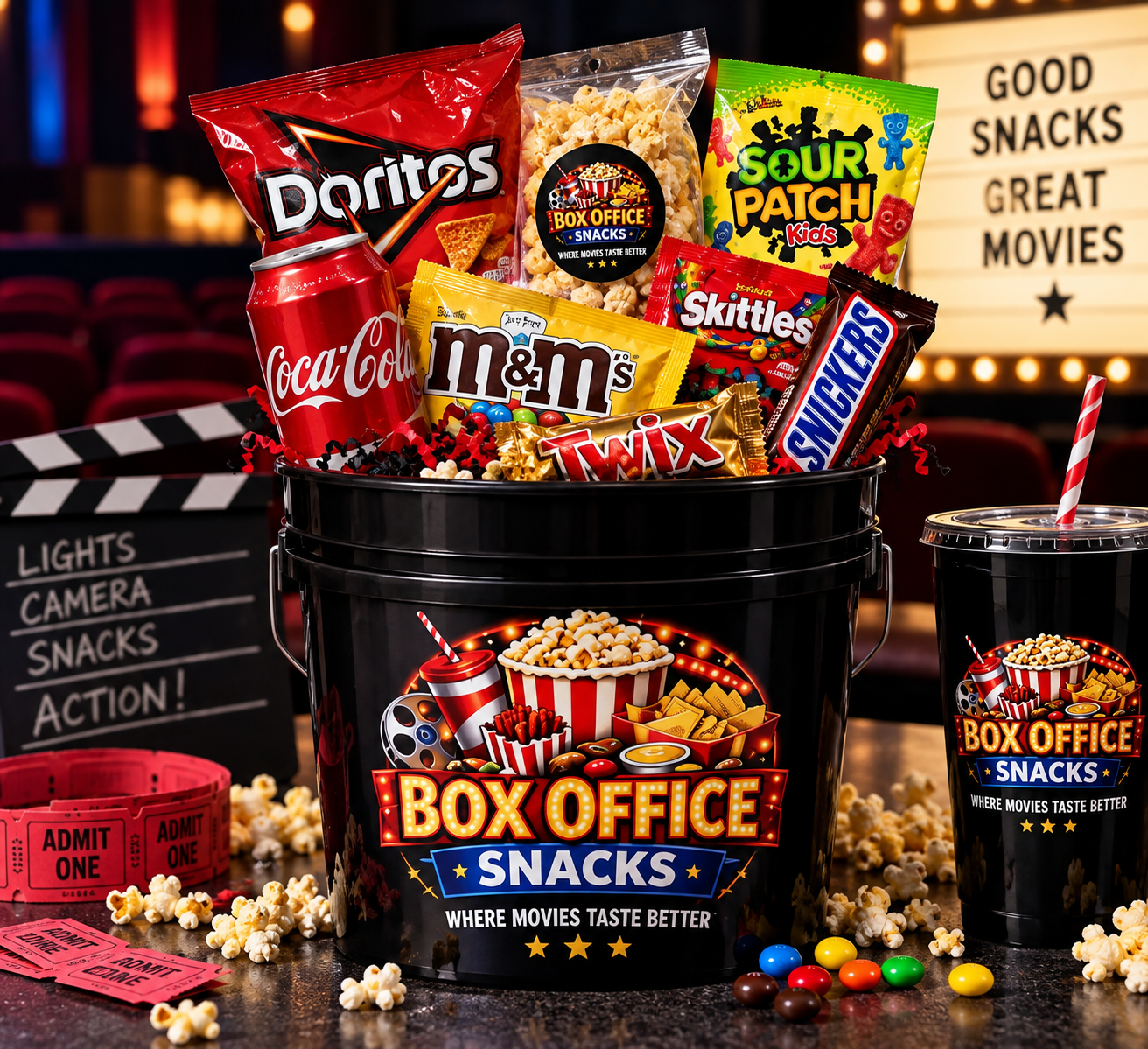 Box Office Snacks gift bucket filled with movie-night snacks